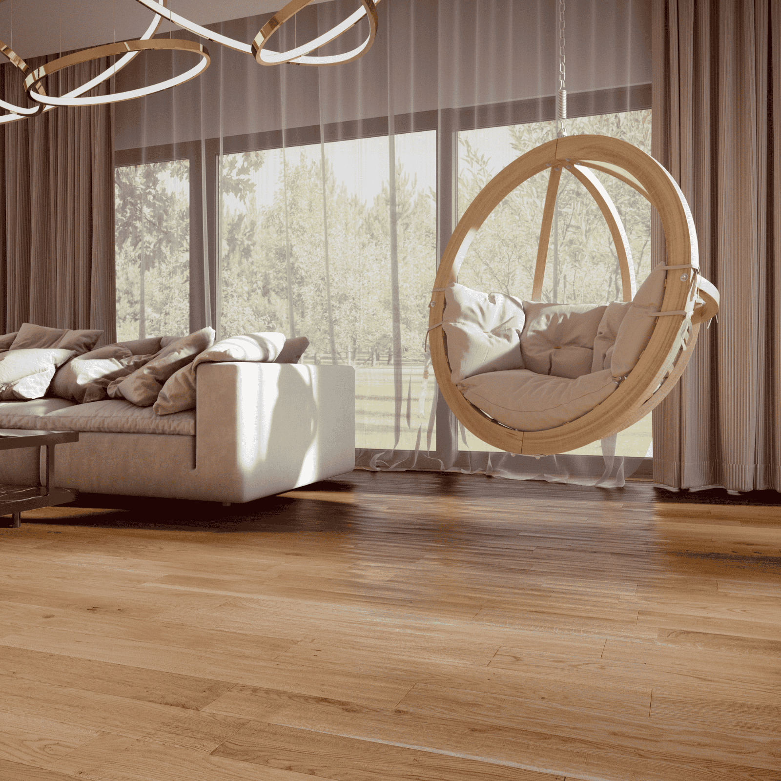 Parchet stratificat stejar format placa sau dusumea in living cu leagan suspendat