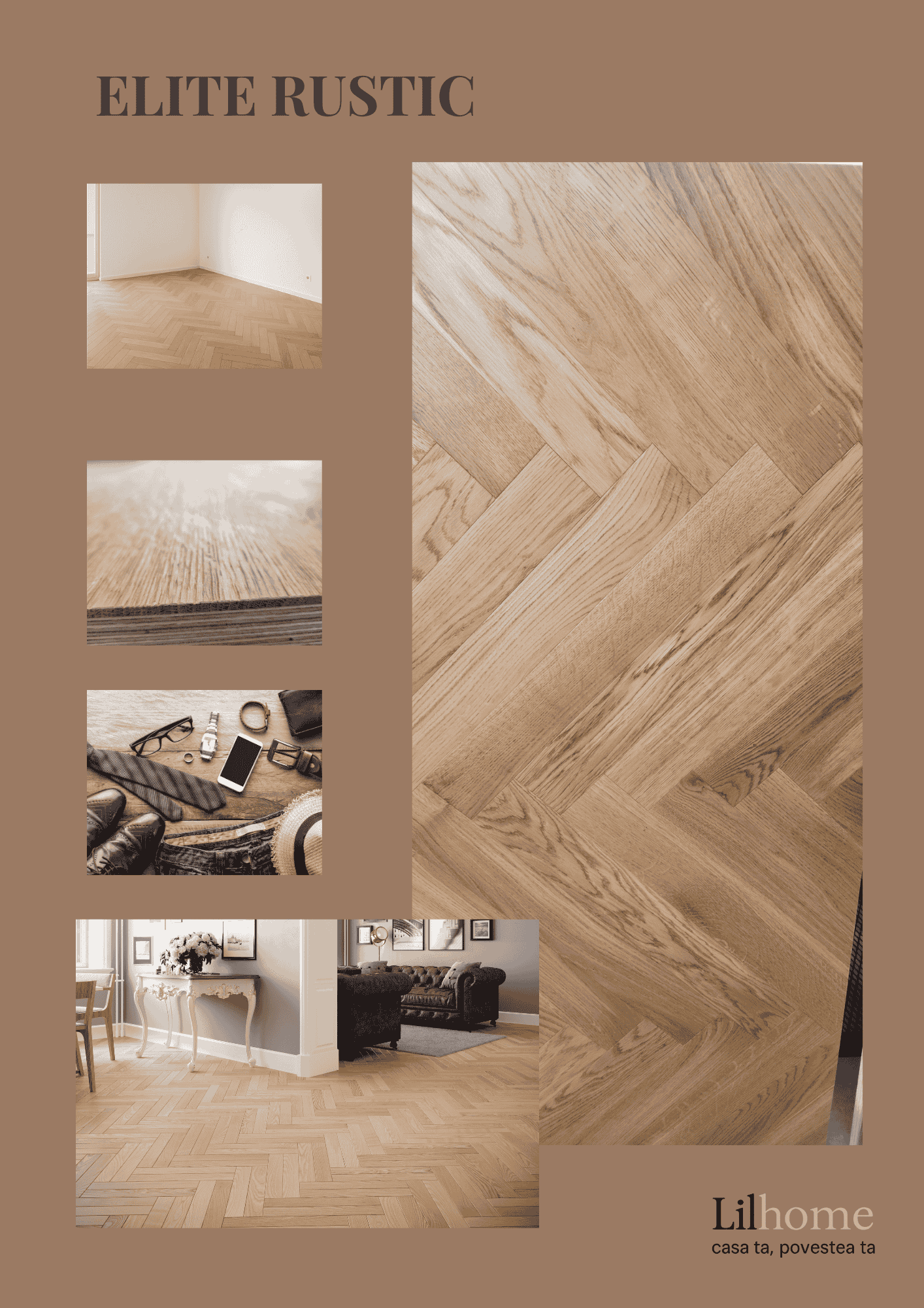 Parchet stratificat herringbone în nuanță naturală, stil rustic elegant, montat în interioare clasice  – Elite Rustic de la Lilhome