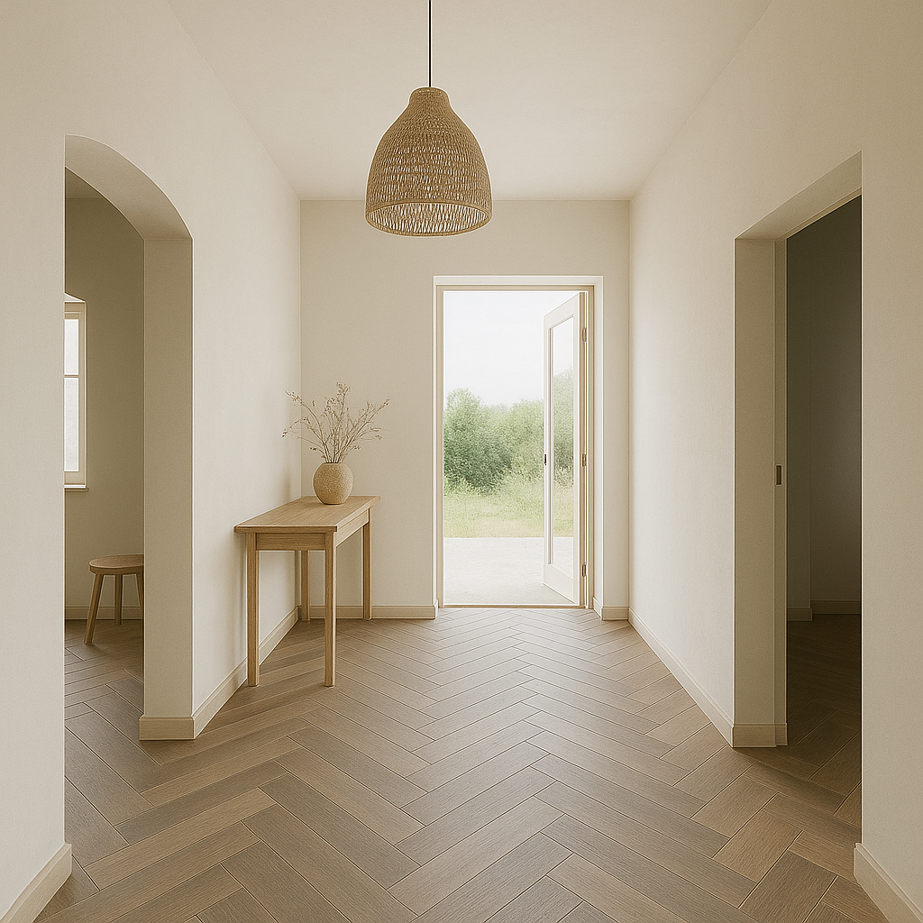 Parchet herringbone multi stratificat amenajat casa stil minimalist japandi de Lilhome