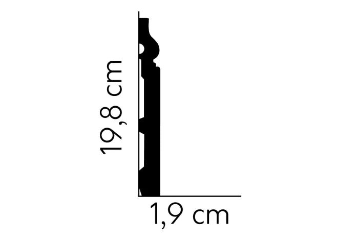 Schiță tehnică profil MD020 – dimensiuni 200 x 20 x 1,9 cm, vedere laterală