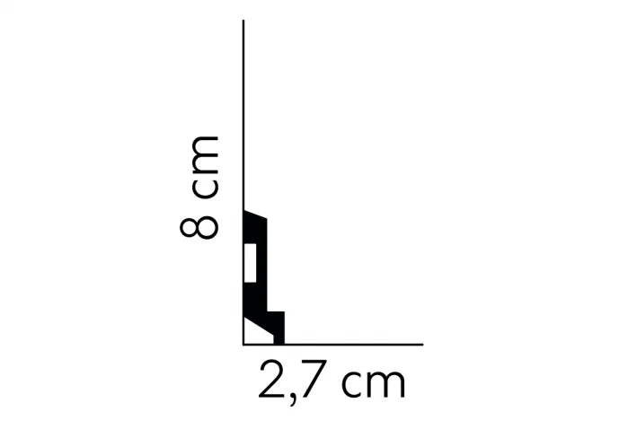 Schiță tehnică profil MD024 – dimensiuni 200 x 8 x 2,7 cm, vedere laterală
