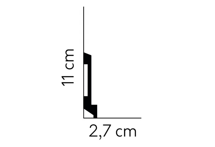 Schiță tehnică profil MD025 – dimensiuni 200 x 11 x 2,7 cm, vedere laterală