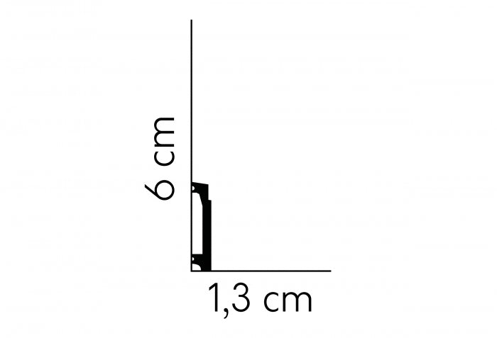 Schiță tehnică profil MD027 – dimensiuni 200 x 6 x 1,3 cm, vedere laterală