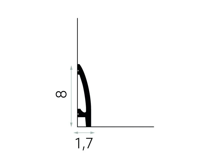 Schiță tehnică profil MD030 – vedere laterală, formă minimalistă, dimensiuni standard