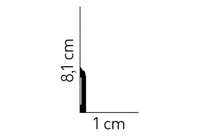 Schiță tehnică profil MD258 – dimensiuni 200 x 8,1 x 1 cm, vedere laterală