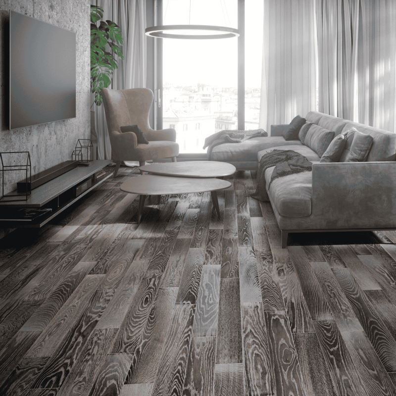 Interiorul unul living cu parchet startificat din stejar afumat, suprafață periată, finisaj uleiat în magazinul de parchet Baia Mare.