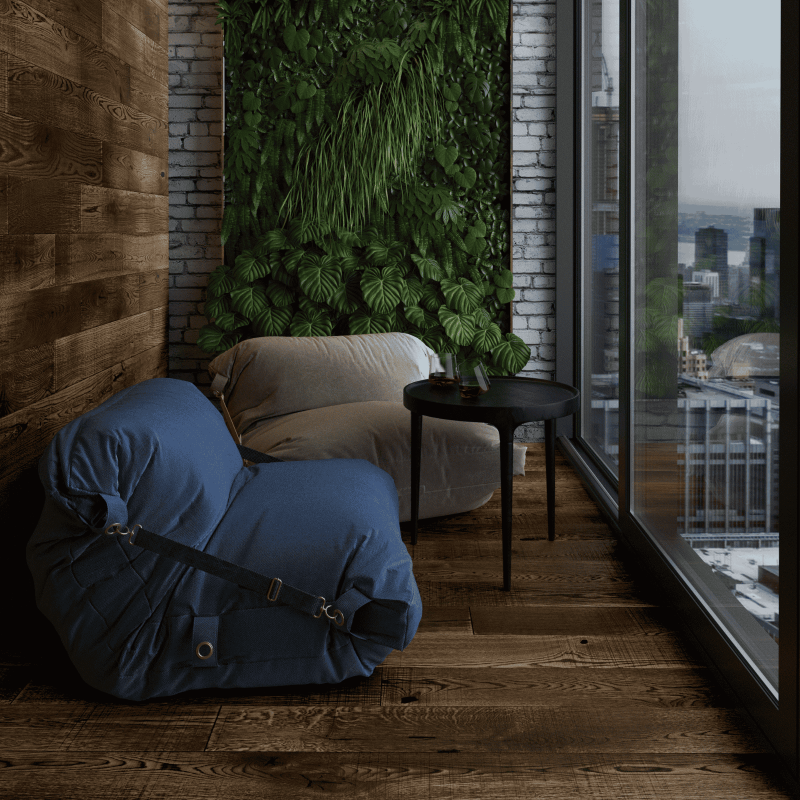 Balcon amenajat cu parchet stratificat in stil industrial. Parchet stratificat folosit atat pe pardoseala cat si pe pereti.