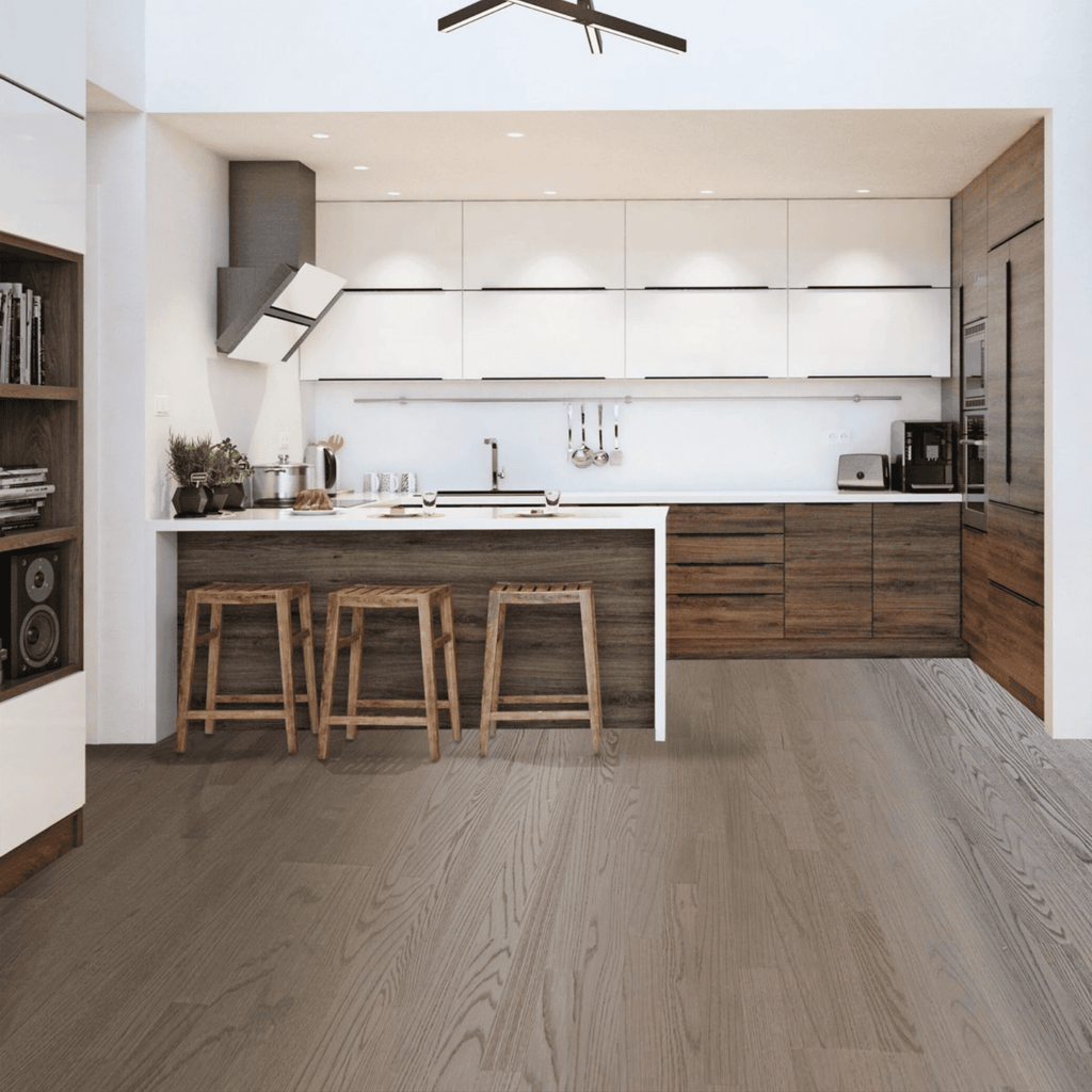 Parchet triplu stratificat intro bucatarie living amenajat 