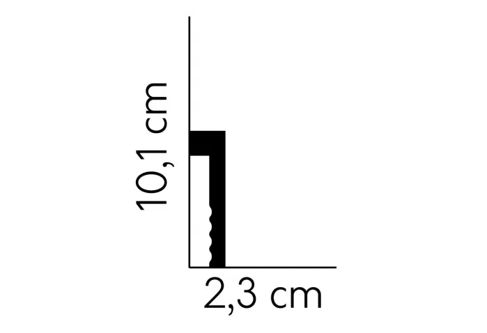 Schiță tehnică plintă MD006 – dimensiuni 200 x 10,1 x 2,3 cm, vedere laterală