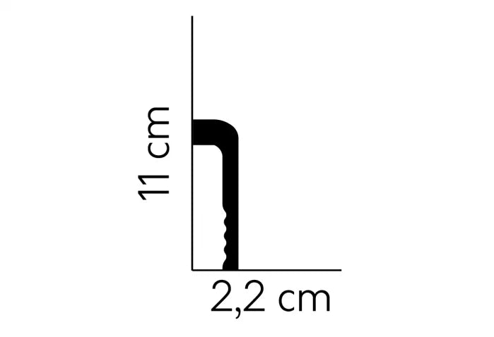 Schiță tehnică profil plintă MD005 – dimensiuni 200 x 11 x 2,2 cm, vedere laterală