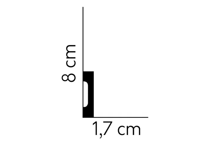 Schiță tehnică plintă MD008 – dimensiuni 200 x 8 x 1,7 cm, vedere laterală