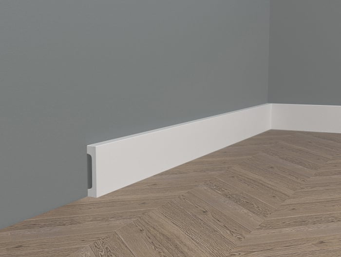 Plintă decorativă MD009 montată la perete, profil înalt, margini moderne, finisaj alb