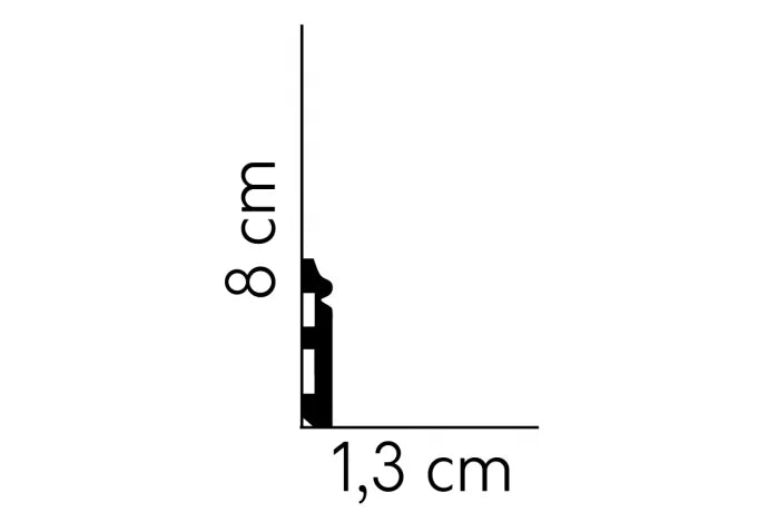 Schiță tehnică profil MD018 – dimensiuni 200 x 8 x 1,3 cm, vedere laterală