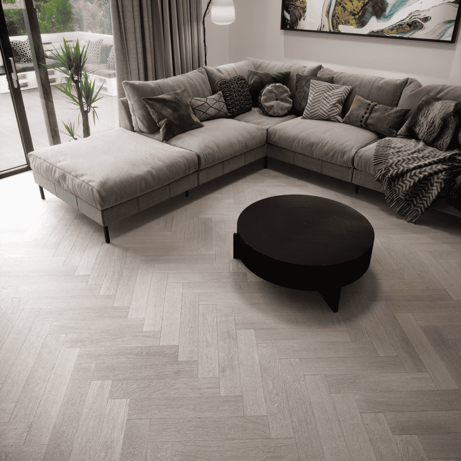 Living cu pardosea din lemn în forma herringbone stratificat, culoare gri-alb deschis, stil modern în magazinul din Baia Mare.
